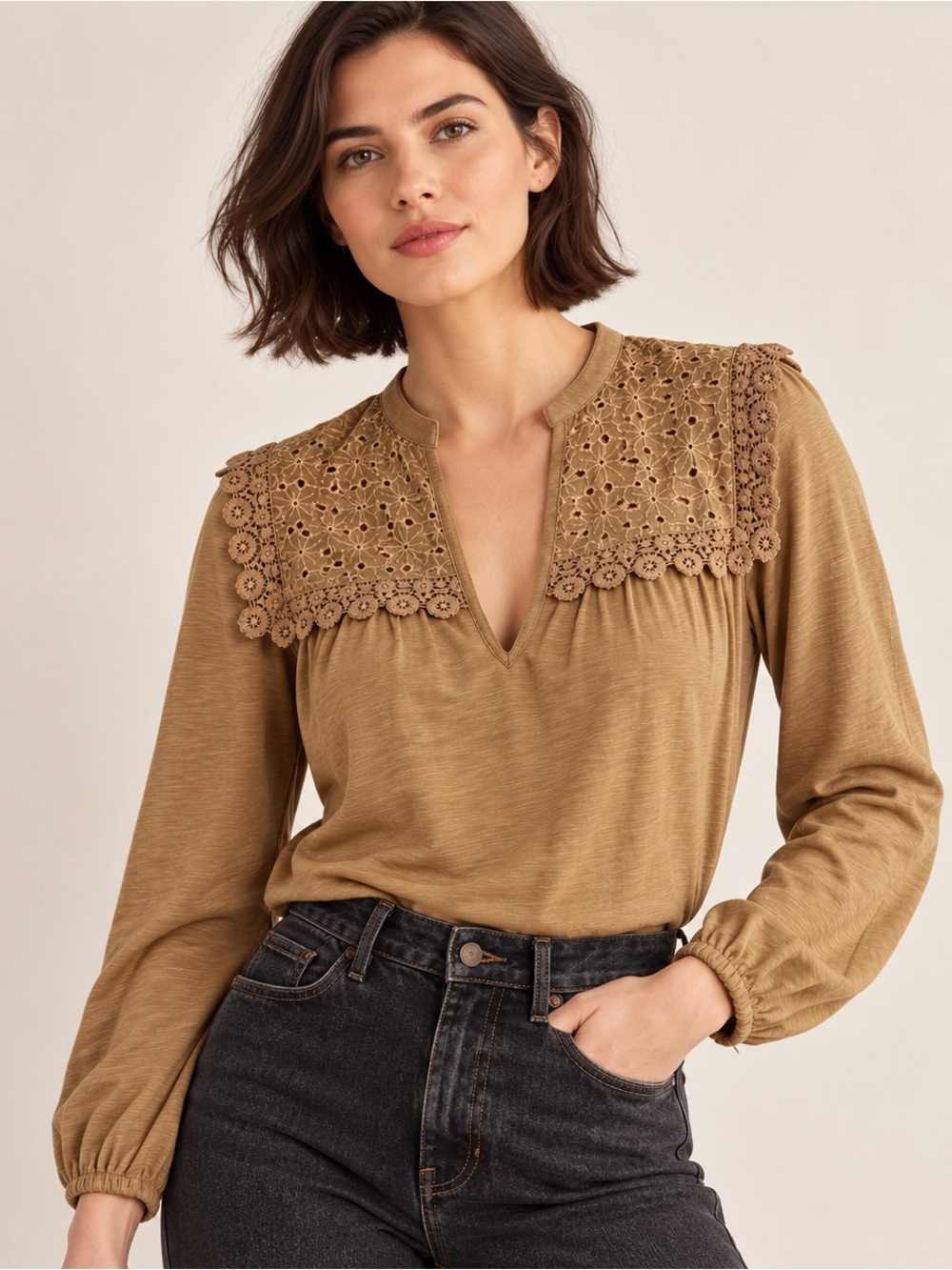 Boden Crochet Lace Yoke Long Sleeve V-Neck Cotton Tencel Top Camel Size 2